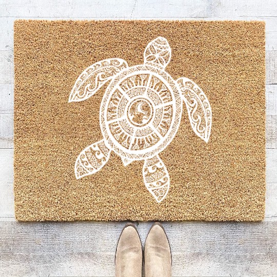 White Tribal Hawaiian Tattoo Boho Sea Turtle Coir Doormats