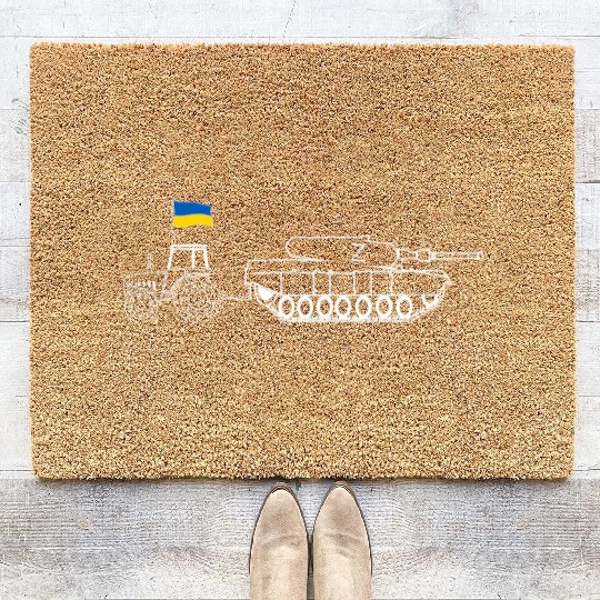 Ukrainian Tractor Pulling Tank With Ukraine Flag Coir Doormats