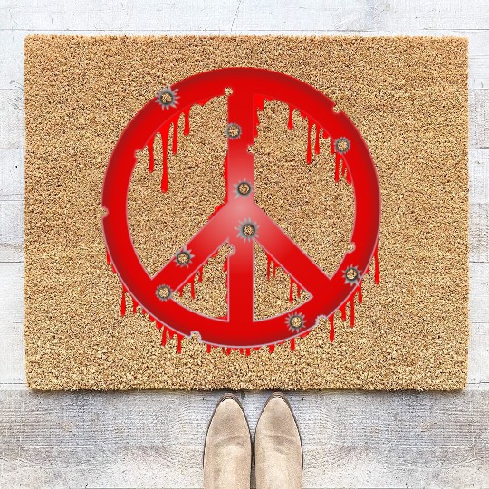 Red Peace Sign With Bullet Holes Bleeding Coir Doormats
