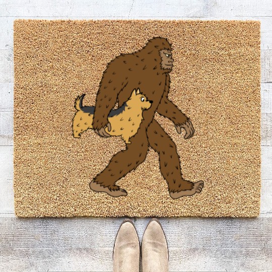 Bigfoot Sasquatch Carrying Yorkshire Terrier Coir Doormats