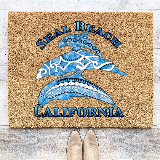 Seal Beach California Vacation Tribal Dolphins Coir Doormats