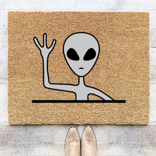 Gray male alien waving Coir Doormats
