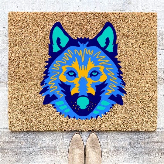 blue wolf face Coir Doormats