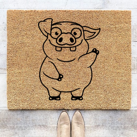 cartoon waving funny pig Coir Doormats