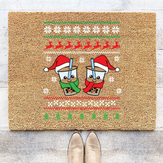 Christmas Bubble Boba Tea Winter Xmas Holiday Coir Doormats