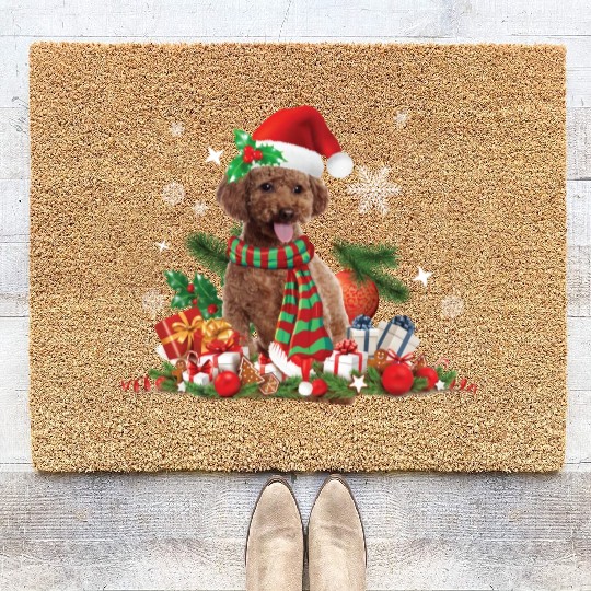 Christmas themed brown Poodle dog Coir Doormats