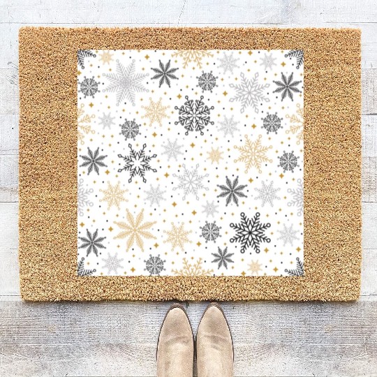 Modern Snowflakes Pattern White Gold Coir Doormats