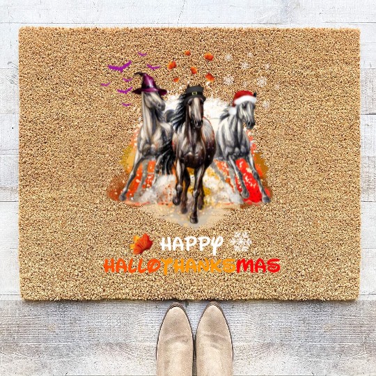Horses Happy HalloThanksmas Coir Doormats
