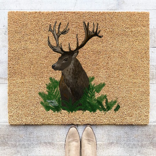 Deer in a green forest Coir Doormats