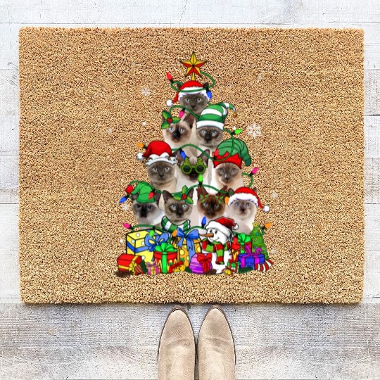 Cat Lover Funny Siamese Tree Christmas Light Coir Doormats