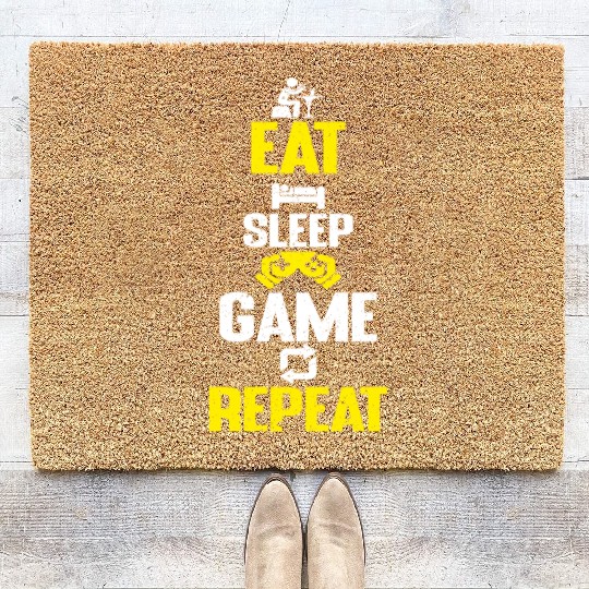 Eat sleep game repeat design funny gaming meme Coir Doormats