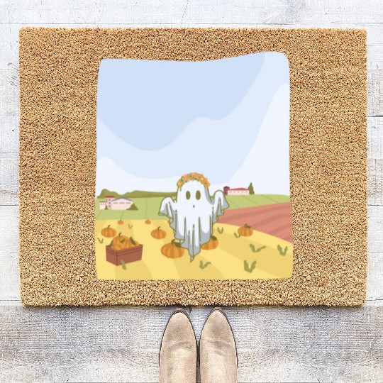 Retro Pumpkin Farm Ghost For A Trick Or Treat Coir Doormats