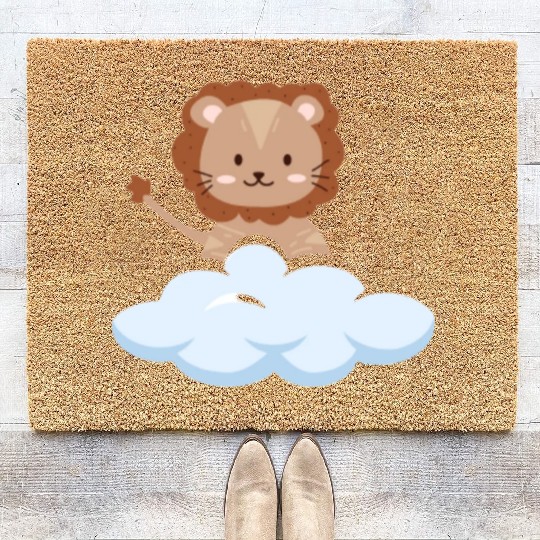 Baby lion flying in the clouds. Coir Doormats