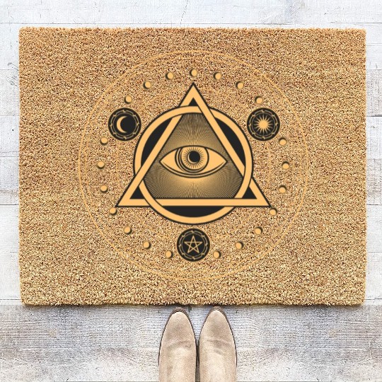 Rune Alchemy Circle with All Seeing Witchcraft Eye Coir Doormats