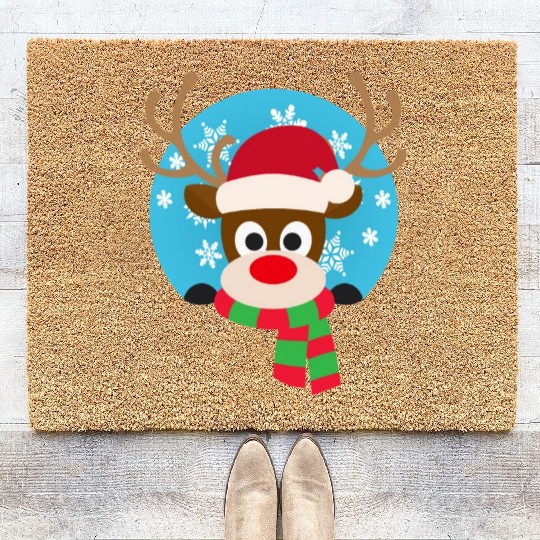 Cute Rudolph Red-Nosed Reindeer Christmas Design Coir Doormats