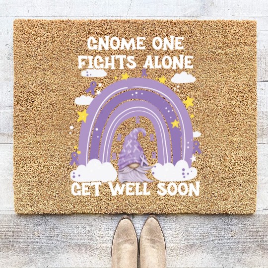 Gnome One Fights Alone Lavender Cancer Coir Doormats