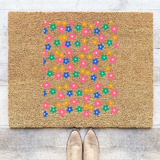 Retro 70s daisy flowers in orange & lilac Coir Doormats