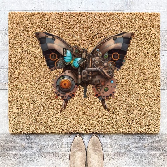 Steampunk mechanical butterfly Coir Doormats