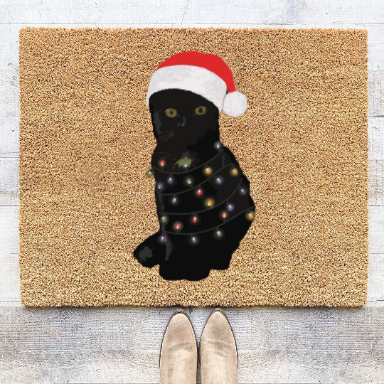 Black Cat Christmas Light Funny Cat Lover Coir Doormats