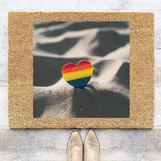 LGBTQ Pride Love Heart in Sand Coir Doormats