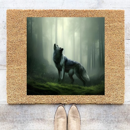 Howling wolf at midnight Coir Doormats