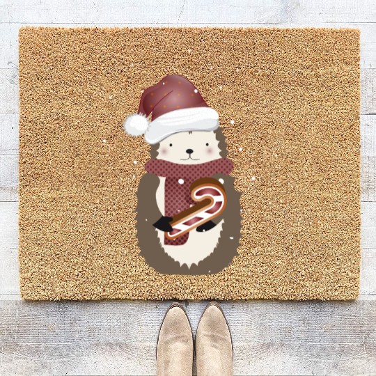 cute hedgehog for christmas with candy cane Coir Doormats