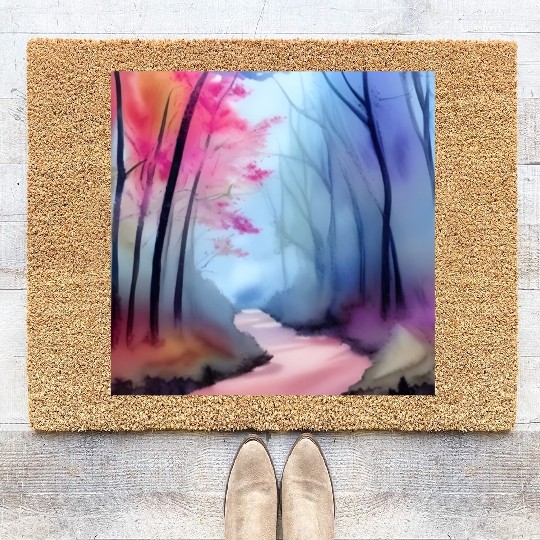 Pink and blue watercolor trees Coir Doormats