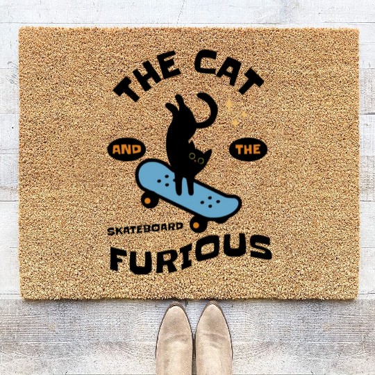 cat playing skateboard Coir Doormats