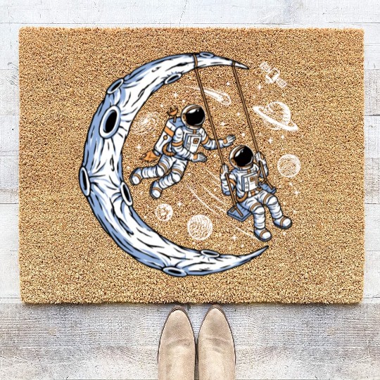 Astronauts on swing on moon Coir Doormats