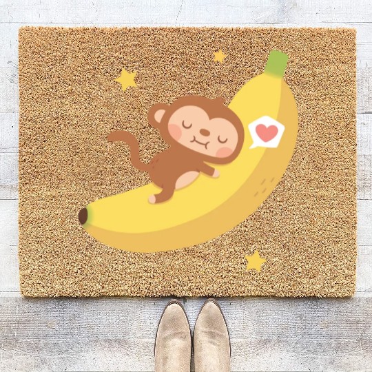 Cute Monkey Hugging Banana Moon Coir Doormats