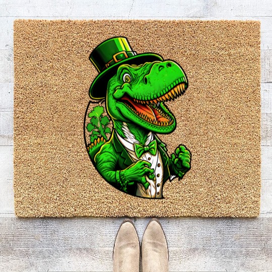 St Patricks Day T-rex Dinosaur With Top Hat Coir Doormats