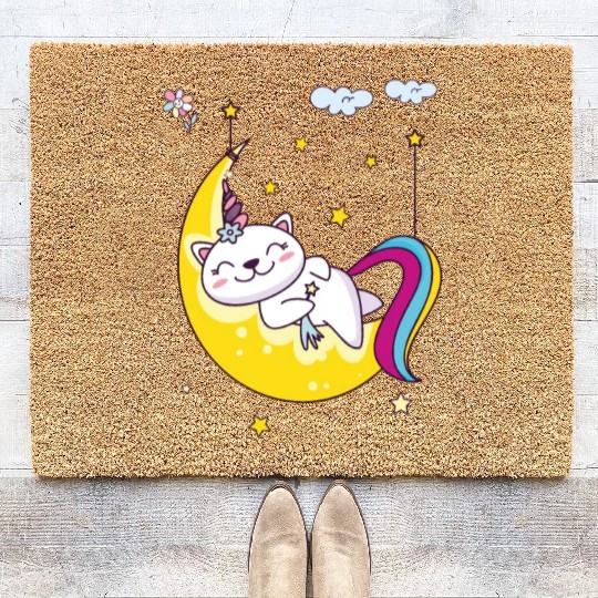 Unicorn pony cat on the moon, magic sleeping time Coir Doormats