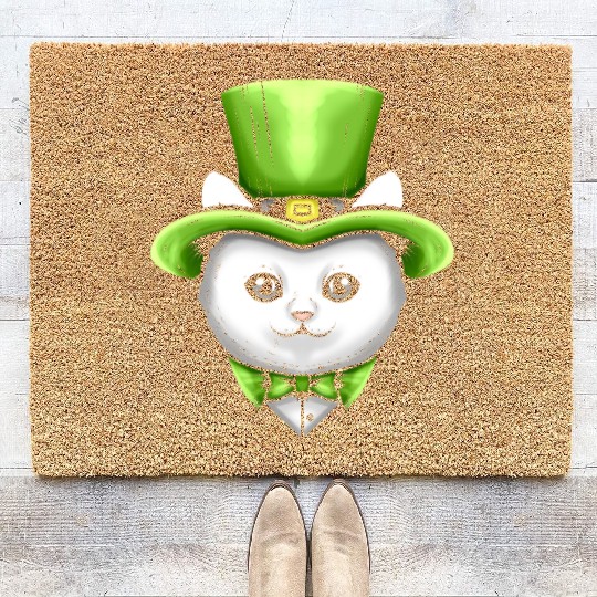 Cute Kawaii Cat With Leprechauns Hat On St Coir Doormats