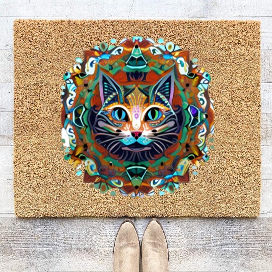 Cat Mandala. Cute Namaste Mindfulness Design Coir Doormats