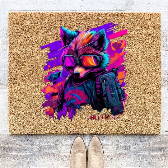 cyberpunk synthwave cool fox Coir Doormats