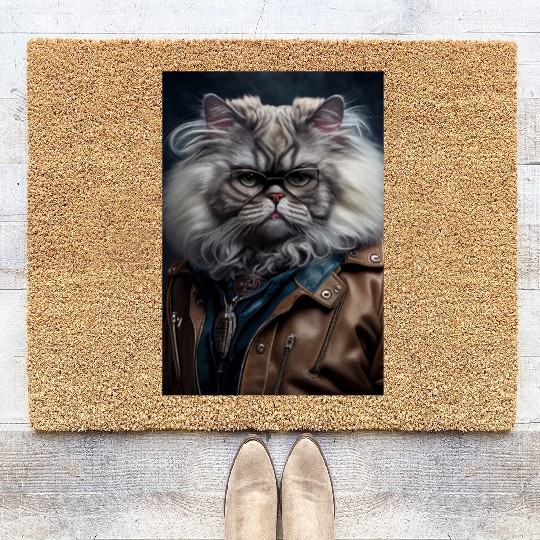 Persian Cat Breed Portrait wears a leather jacket Coir Doormats