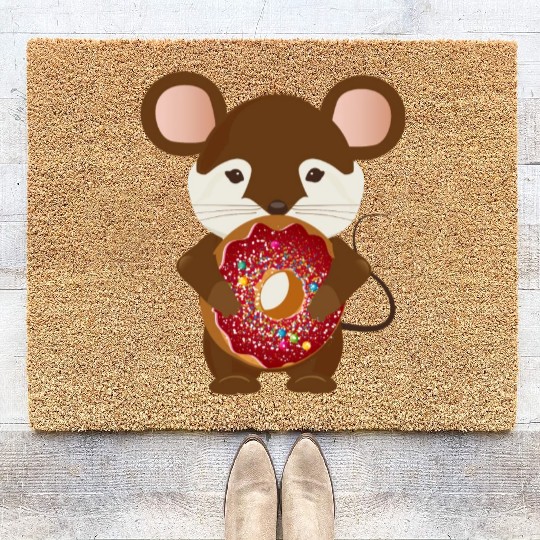 cute brown mouse with delicious donut Coir Doormats