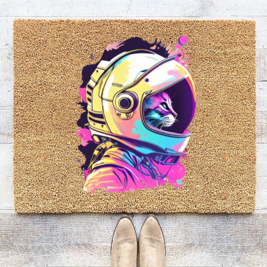 Aesthetic Vaporwave Space Cat 80s 90s Astronaut Coir Doormats