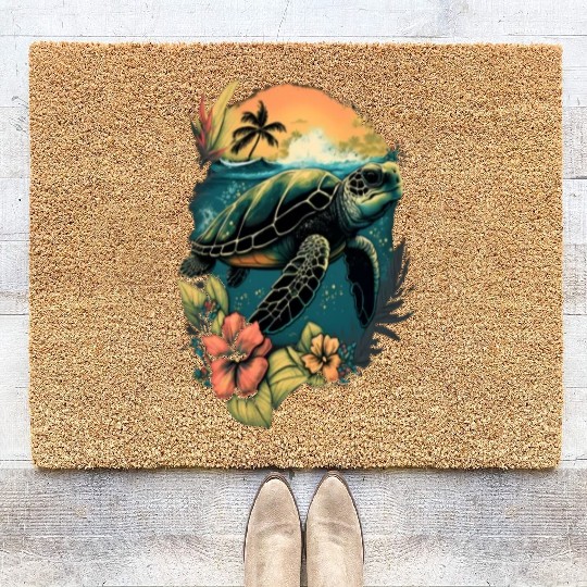 Turtle Hawaiian Sea Turtles Hibiscus Flower Coir Doormats