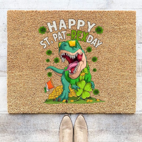 Happy St Pat Rex Day Funny Irish T-Rex Dino Coir Doormats
