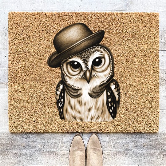 owl wearing derby hat - brown color Coir Doormats