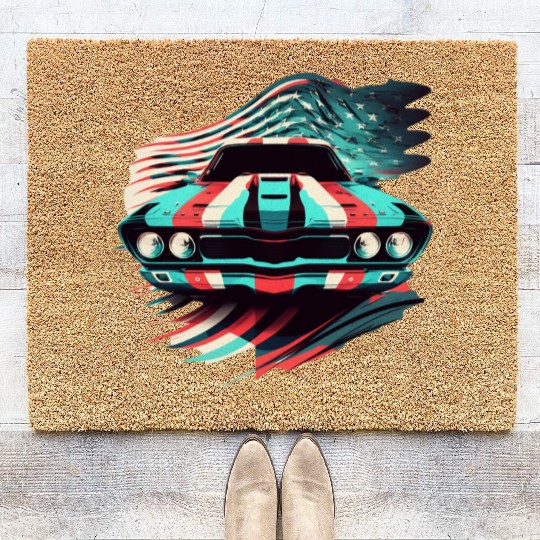 Muscle car american flag backround Coir Doormats
