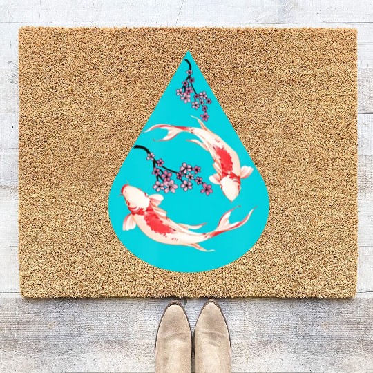 Serenity Koi Fish Raindrop Cheri Blossom Zen Coir Doormats