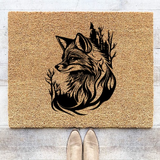 Pretty Cute Tattoo Style Fox In The Forest Coir Doormats