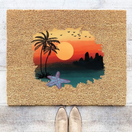Beach Sunset Watercolor Design Sublimation Art 1 Coir Doormats