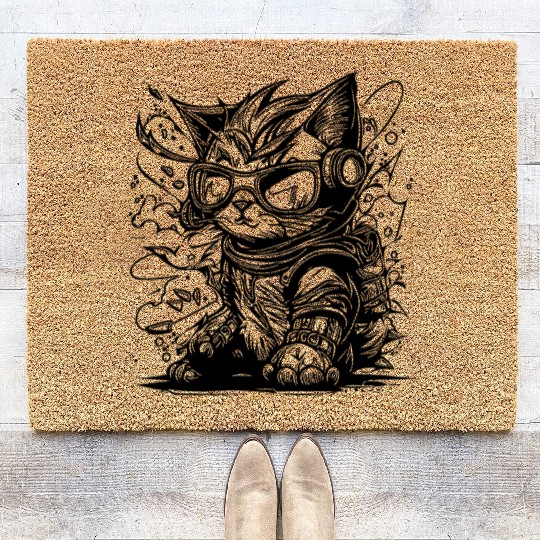 Little Cool Space Cat Splash Tattoo Style Coir Doormats