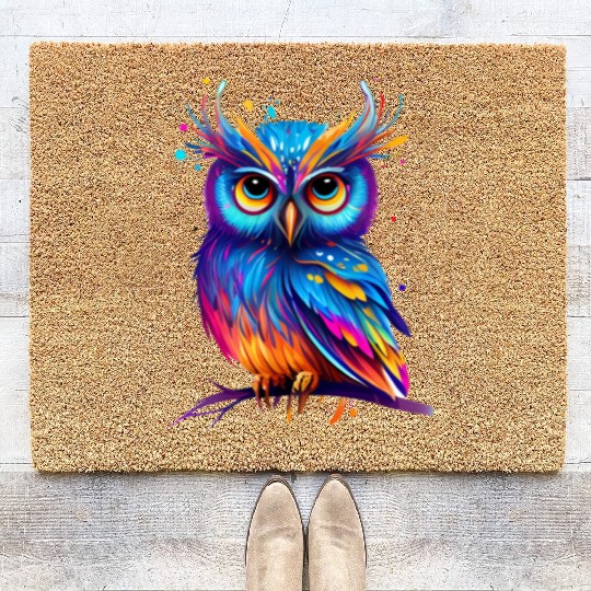 Cute Owl Bird Hunter Colorful Watercolor Graphic Coir Doormats