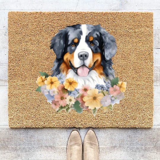 Bernese Mountain Dog Watercolor Floral Coir Doormats