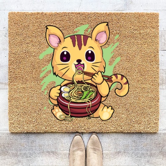 Kawaii Cat Eating Ramen Coir Doormats