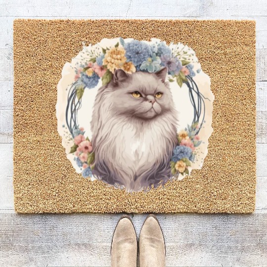 Cute Persian Cat Flower Crown Cats Pet Kitten Coir Doormats